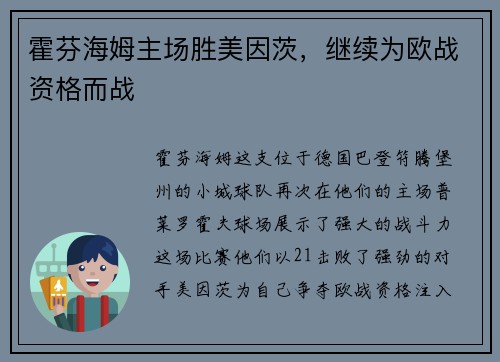 霍芬海姆主场胜美因茨，继续为欧战资格而战